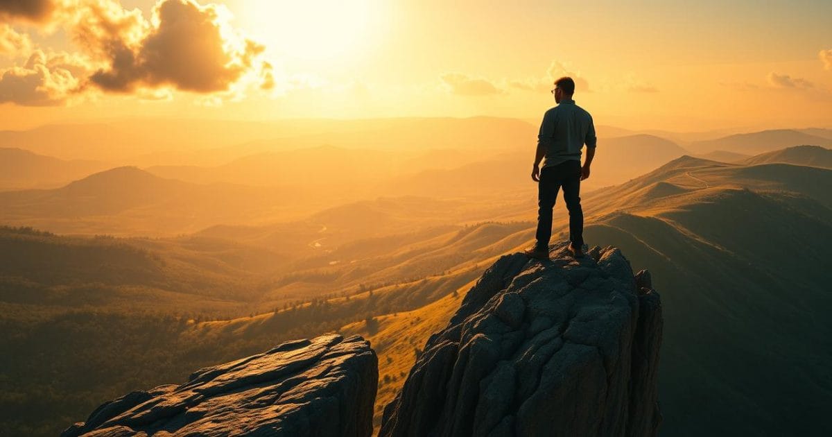 Một người đang đứng vững vàng trên vách đá, ánh mắt kiên định hướng về phía chân trời tươi sáng, nơi mặt trời đang chiếu rọi rực rỡ, tượng trưng cho hy vọng và khả năng vượt qua mọi thử thách trong cuộc sống.