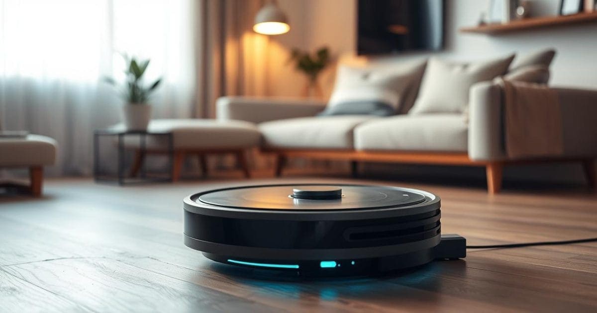 Một robot hút bụi hiện đại đang sạc pin an toàn trên đế sạc tại nhà, trong không gian thoáng đãng với ánh sáng dịu nhẹ, thể hiện việc thực hành sạc đúng cách để kéo dài tuổi thọ pin.
