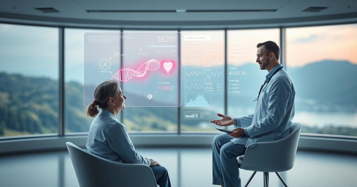Trong một phòng khám hiện đại và yên bình, một chuyên gia y tế đang thảo luận với bệnh nhân, trước một màn hình hiển thị ảnh ba chiều các dữ liệu sức khỏe cá nhân hóa của bệnh nhân – từ chuỗi DNA, chỉ số sinh học thời gian thực đến mô hình dự đoán bệnh tật, minh họa cách dữ liệu lớn được sử dụng để đưa ra phác đồ điều trị và chiến lược phòng ngừa bệnh cụ thể cho từng người.