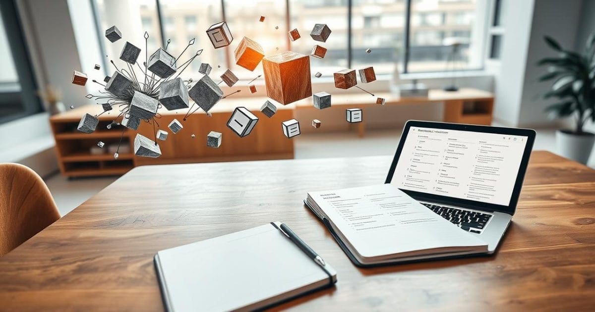 Bàn làm việc hiện đại với sổ tay và máy tính xách tay hiển thị ứng dụng quản lý công việc. Trên không gian làm việc, những khối nhiệm vụ phức tạp, lộn xộn được hình dung đang dần phân chia thành các bước nhỏ hơn, có tổ chức và ưu tiên rõ ràng, đổ vào danh sách công việc trên cả thiết bị số và sổ tay. Hình ảnh này minh họa quá trình phân loại, ưu tiên và chia nhỏ các nhiệm vụ phức tạp thành các bước dễ quản lý hơn trong một không gian làm việc sáng sủa và tràn đầy năng lượng.
