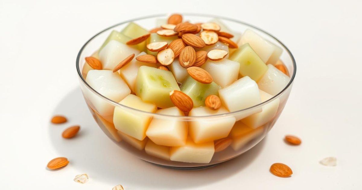 Bát chè khúc bạch thanh mát, đẹp mắt với những viên khúc bạch mềm mịn đa sắc, điểm xuyết nhãn tươi mọng nước và hạnh nhân rang giòn, tất cả hòa quyện trong nước đường lá dứa thơm lừng, tạo nên món tráng miệng hấp dẫn.