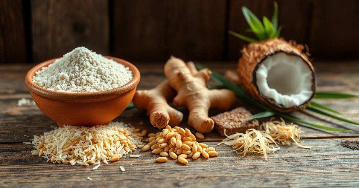Bày trí đẹp mắt các nguyên liệu tươi ngon như bột nếp, đậu xanh, gừng, đường thốt nốt và lá dứa trên mặt bàn gỗ trong ánh sáng tự nhiên, sẵn sàng cho món chè trôi nước truyền thống.