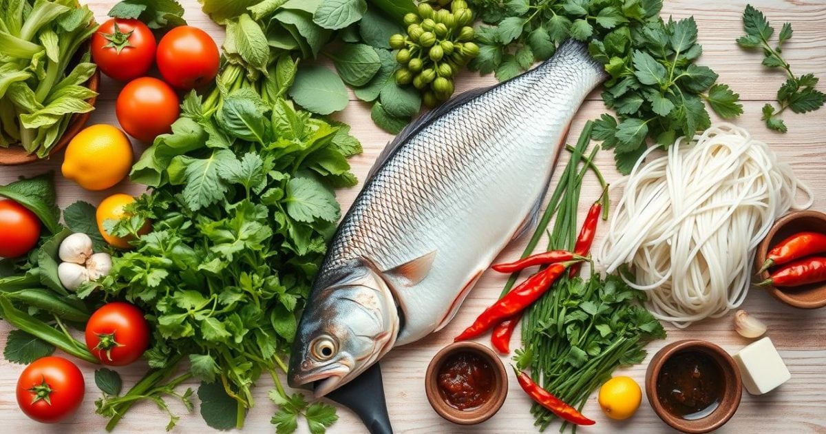 Cách nấu món bún cá Châu Đốc thơm ngon chuẩn vị Bố cục ấn tượng các nguyên liệu tươi ngon như cá lóc nguyên con, bún tươi, rau sống đa dạng, cà chua, ớt, chanh và các loại gia vị được sắp xếp gọn gàng trên nền gỗ, chuẩn bị cho quá trình chế biến món bún cá Châu Đốc.