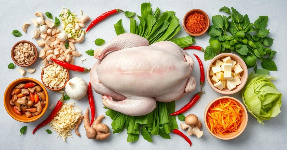 Bố cục phẳng, tươi sáng và hấp dẫn thể hiện các nguyên liệu chính để chuẩn bị món lẩu gà lá é. Ở trung tâm là một con gà ta tươi ngon, được bao quanh bởi một bó lớn lá é xanh mướt. Xung quanh là các loại gia vị băm nhỏ như hành tím, tỏi, gừng, sả và ớt đỏ tươi. Các bát nhỏ chứa nấm rơm, nấm bào ngư và bắp cải thái lát mỏng cũng được sắp xếp gọn gàng, làm nổi bật sự tươi ngon của từng thành phần.