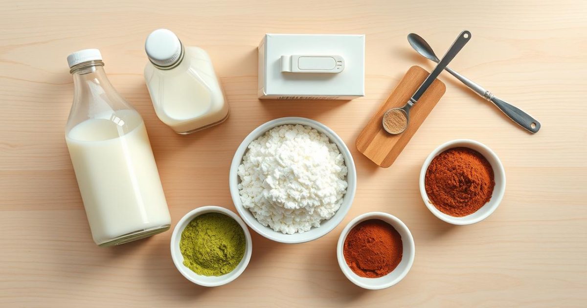 Bộ sưu tập nguyên liệu tươi ngon và đầy đủ để chuẩn bị món chè khúc bạch, bao gồm sữa tươi, kem tươi, đường, gelatin, cùng với bột trà xanh và bột ca cao, được sắp xếp gọn gàng trên bàn bếp sáng sủa, sẵn sàng cho công đoạn chế biến.
