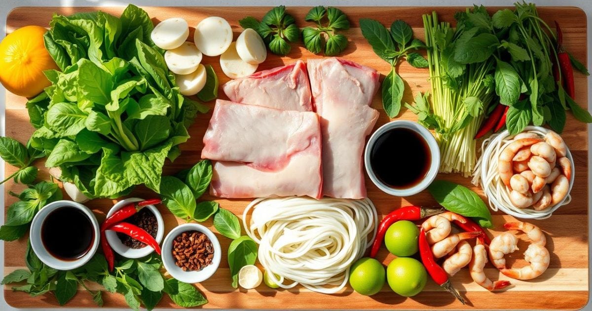 Bức ảnh chụp từ trên cao tổng hợp các nguyên liệu tươi ngon và đầy đủ để chuẩn bị món cao lầu Hội An, bao gồm thịt ba chỉ tươi, sợi mì cao lầu, tôm, các loại rau sống xanh mướt, gia vị ướp xá xíu và chanh ớt, tất cả được sắp xếp gọn gàng trên bàn bếp.