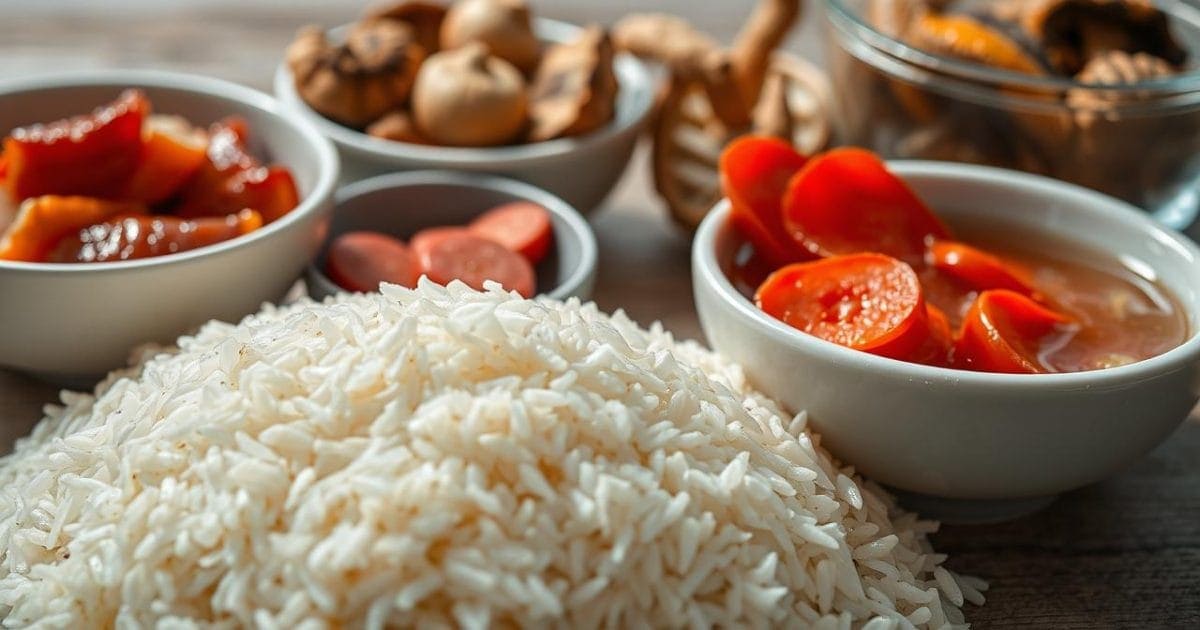 Các nguyên liệu tươi ngon được chuẩn bị sẵn sàng để nấu món xôi mặn, bao gồm gạo nếp, thịt ba chỉ ướp gia vị, lạp xưởng, tôm khô, nấm hương và mộc nhĩ.