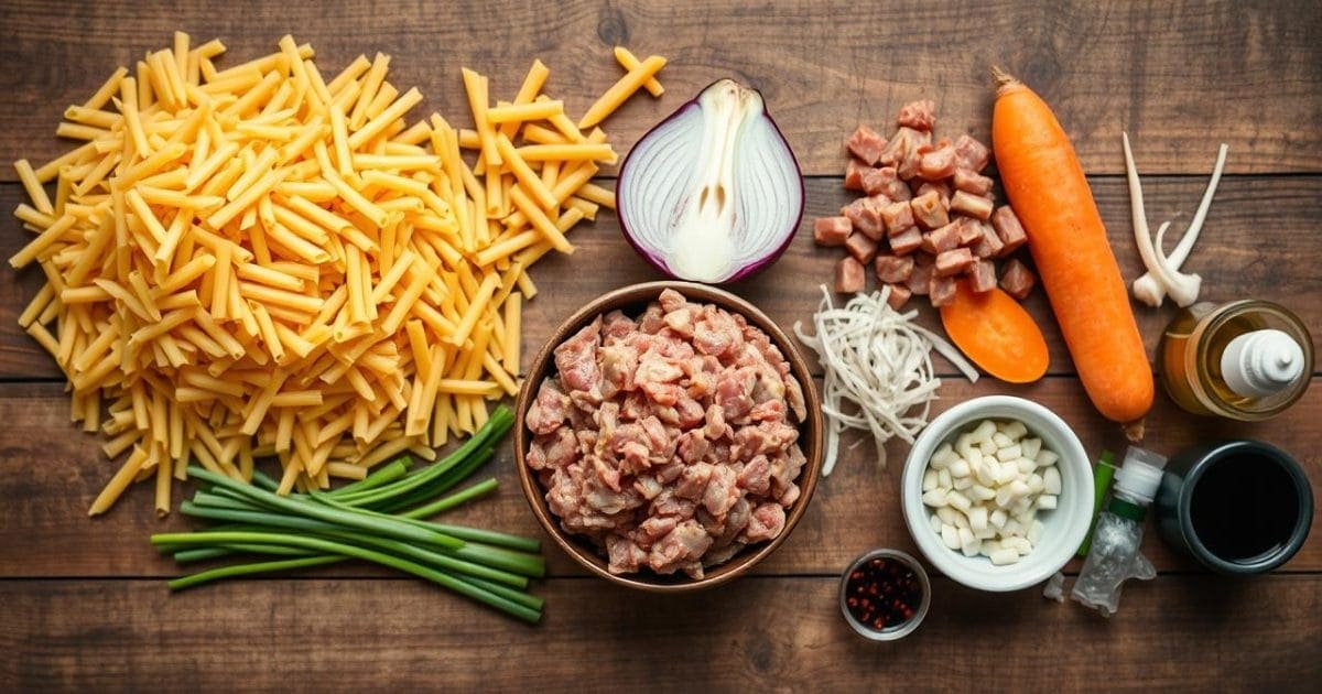 Các nguyên liệu tươi ngon sẵn sàng cho món nui xào thịt băm: nui các loại, thịt băm, hành tây, cà rốt, hành lá, tỏi và các loại gia vị cơ bản.