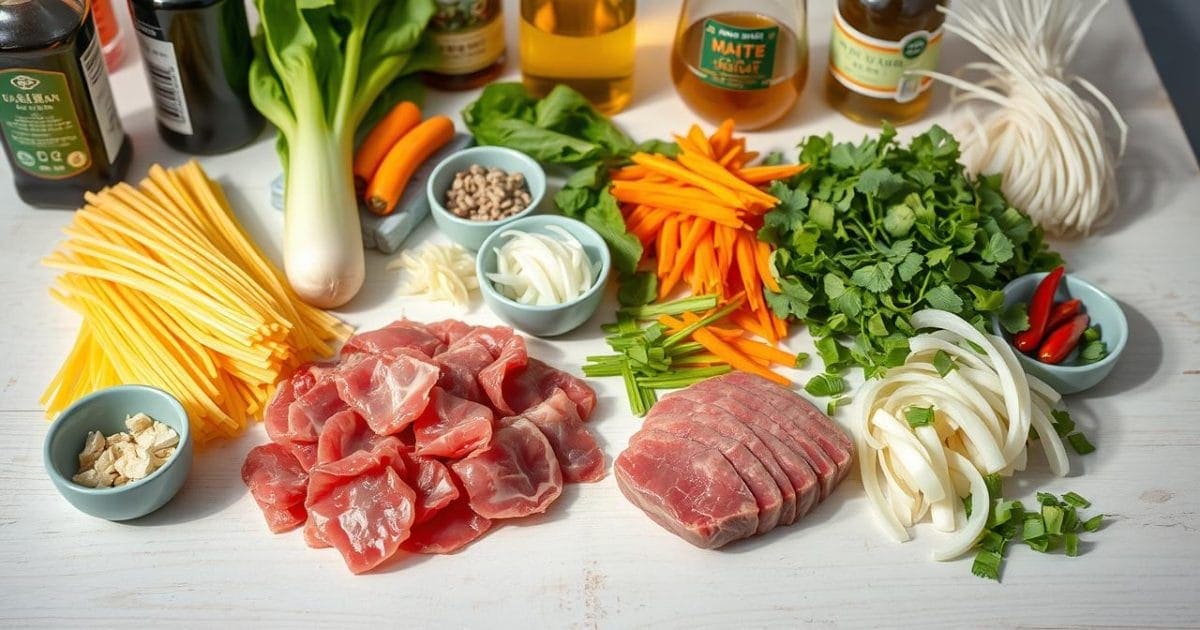 Các nguyên liệu tươi ngon và đầy đủ như thịt bò thái lát, mì trứng, rau cải, cà rốt, hành tây, giá đỗ cùng gia vị được sắp xếp gọn gàng trên bàn gỗ, sẵn sàng cho món mì xào bò thơm ngon.