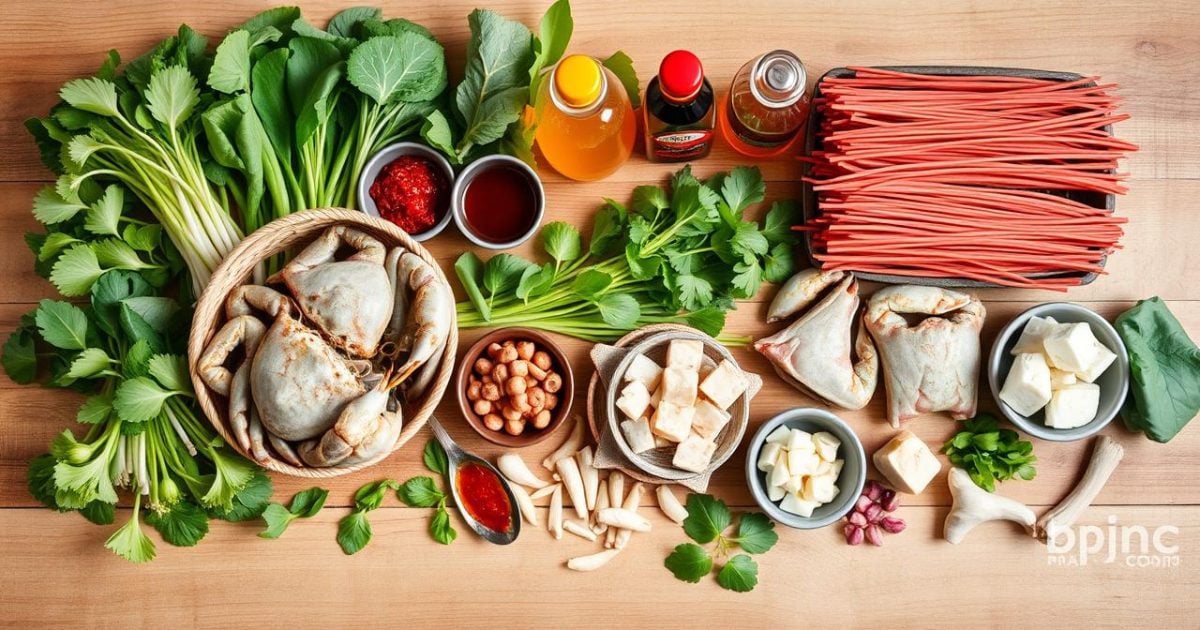 Các nguyên liệu tươi rói để nấu món bánh đa cua Hải Phòng đặc trưng, được sắp xếp gọn gàng trên bàn bếp, bao gồm cua đồng, bánh đa đỏ, rau sống và các loại gia vị đậm đà, sẵn sàng cho một bữa ăn ngon miệng.