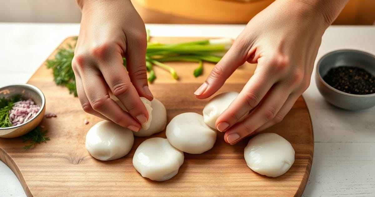 Cách nấu bánh canh chả cá thơm ngon đậm đà chuẩn vị miền Trung Cận cảnh bàn tay khéo léo đang nặn những miếng chả cá tươi từ nguyên liệu cá thác lác hoặc cá mối, cùng với thì là và hành tím băm nhỏ, minh họa công đoạn làm chả cá thủ công tại nhà trước khi chiên hoặc hấp.
