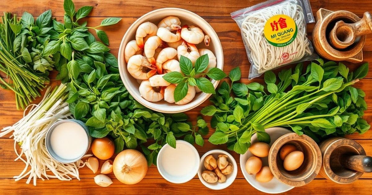 Cận cảnh các nguyên liệu tươi ngon cần thiết để chuẩn bị nấu món mì Quảng hấp dẫn, bao gồm tôm, thịt gà, rau sống, nước cốt dừa và bánh đa.