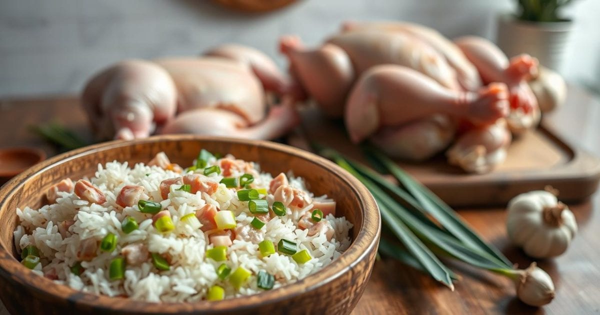 Cận cảnh các nguyên liệu tươi ngon đang được chuẩn bị để làm món gà bó xôi, bao gồm gạo nếp, thịt ba chỉ thái hạt lựu, hành lá và gà ta, gợi lên sự tỉ mỉ trong từng bước chế biến.