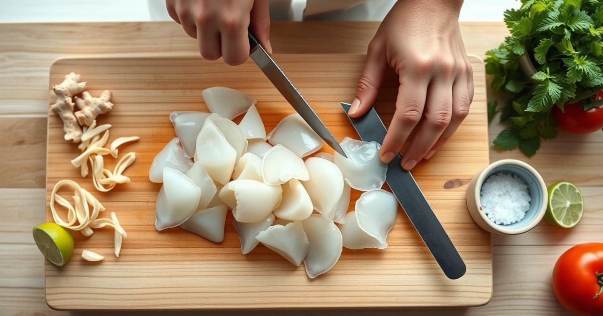Cận cảnh đôi tay khéo léo sơ chế những miếng sứa tươi trong vắt, giòn sần sật trên thớt gỗ, chuẩn bị cho món bún sứa Nha Trang thơm ngon, bên cạnh là những lát chanh và gừng tươi.