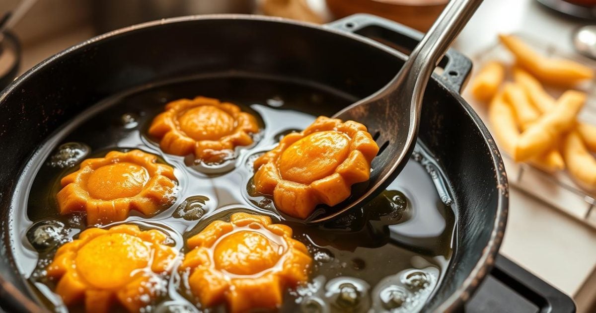 Cận cảnh những viên khoai lang kén hình kén tằm đang được chiên ngập dầu trong chảo gang sâu lòng, dầu sôi lăn tăn, chuyển dần sang màu vàng óng đẹp mắt và giòn rụm.
