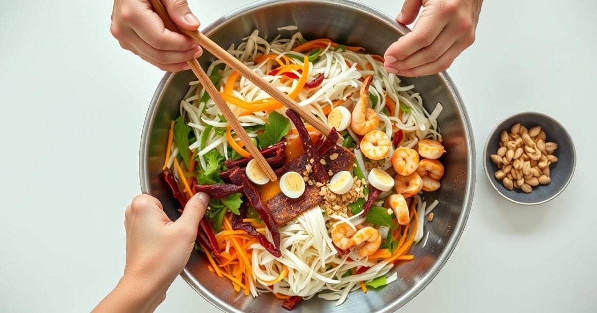 Cảnh một đôi tay đang khéo léo trộn đều các nguyên liệu tươi ngon như bánh tráng sợi, xoài xanh, khô bò, rau răm và nước sốt đậm đà trong một chiếc tô lớn, thể hiện công đoạn chuẩn bị món bánh tráng trộn tại nhà một cách tỉ mỉ.