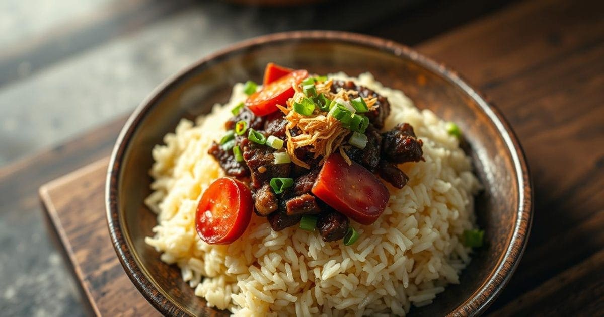 Đĩa xôi mặn nóng hổi, dẻo thơm với đầy đủ các loại topping hấp dẫn như thịt ba chỉ, lạp xưởng, hành phi và chà bông.