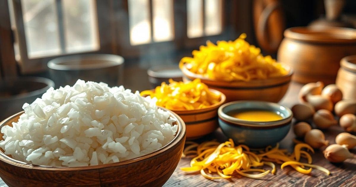 Hình ảnh các nguyên liệu tươi ngon, chuẩn bị sẵn sàng trên bàn gỗ mộc mạc để làm món xôi xéo truyền thống, bao gồm gạo nếp, đậu xanh, hành phi và mỡ gà, gợi lên sự tỉ mỉ và hương vị chuẩn vị.