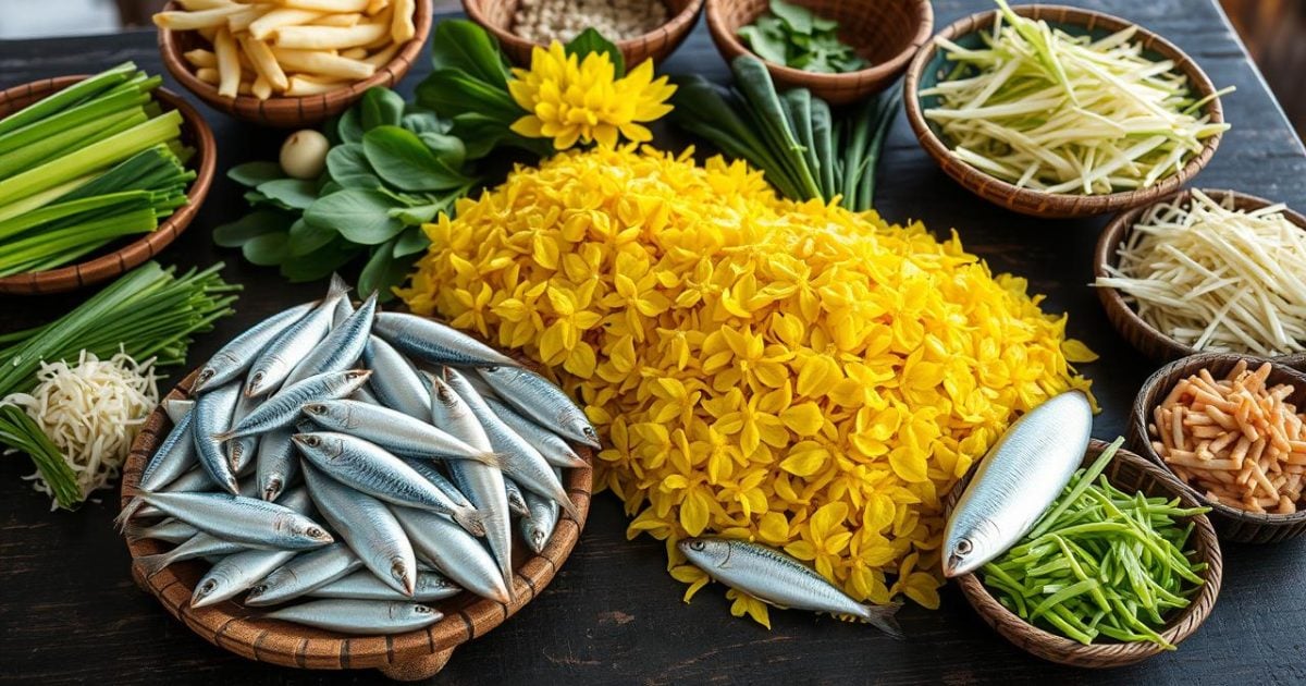 Hình ảnh các nguyên liệu tươi sống chuẩn bị cho món lẩu cá linh bông điên điển đặc trưng miền Tây, gồm cá linh tươi rói, bông điên điển vàng óng và các loại rau ăn kèm được sắp xếp đẹp mắt trên nền gỗ mộc mạc, thể hiện sự phong phú và tươi ngon của ẩm thực vùng sông nước.