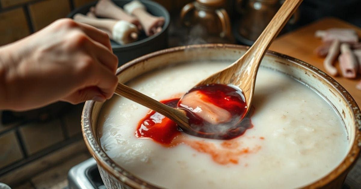 Hình ảnh cận cảnh bàn tay khéo léo đang khuấy đều tiết lợn tươi vào nồi cháo gạo đang sôi lục bục trên bếp lửa. Tiết lợn từ từ hòa quyện, tạo nên màu sắc đặc trưng và độ sánh mịn cho món cháo lòng thơm ngon. Phía sau là không gian bếp truyền thống Việt Nam với các nguyên liệu đã sơ chế sẵn sàng.