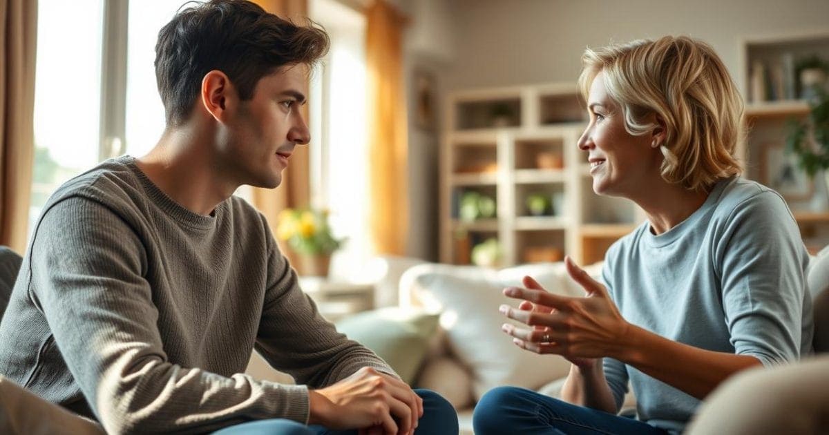 Hình ảnh cận cảnh, lấy nét mềm mại của hai người ngồi đối diện nhau trong một phòng khách ấm cúng, tràn ngập ánh nắng. Một người hơi nghiêng người về phía trước, giao tiếp bằng mắt nhẹ nhàng và gật đầu suy tư, trong khi người kia đang nói với những cử chỉ tay tinh tế. Bầu không khí ấm áp, thân mật và thuận lợi cho giao tiếp cởi mở, với các chi tiết nền tinh tế gợi ý một môi trường gia đình yên bình. Ánh sáng tự nhiên và khuếch tán, tạo cảm giác bình tĩnh và đồng cảm.