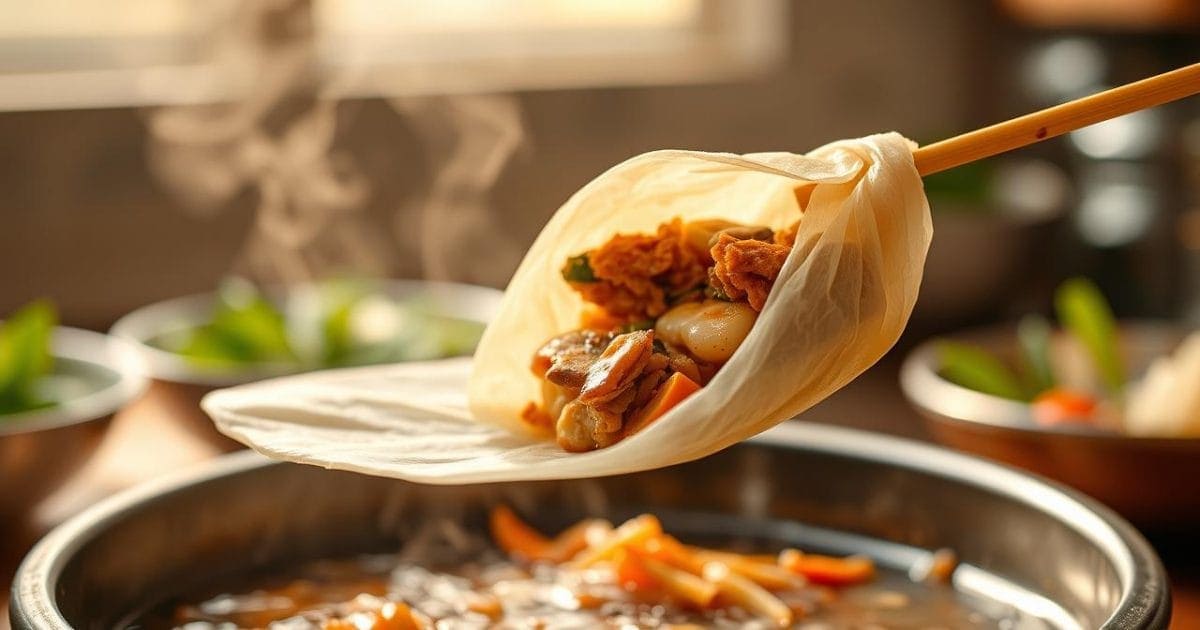 Hình ảnh cận cảnh một chiếc bánh cuốn nóng vừa được tráng xong, phần vỏ bánh mỏng tang, trong veo hé lộ lớp nhân thịt heo xay, tôm và nấm hương hấp dẫn bên trong. Chiếc bánh đang được gỡ ra khỏi khuôn bằng que tre, sẵn sàng để thưởng thức.