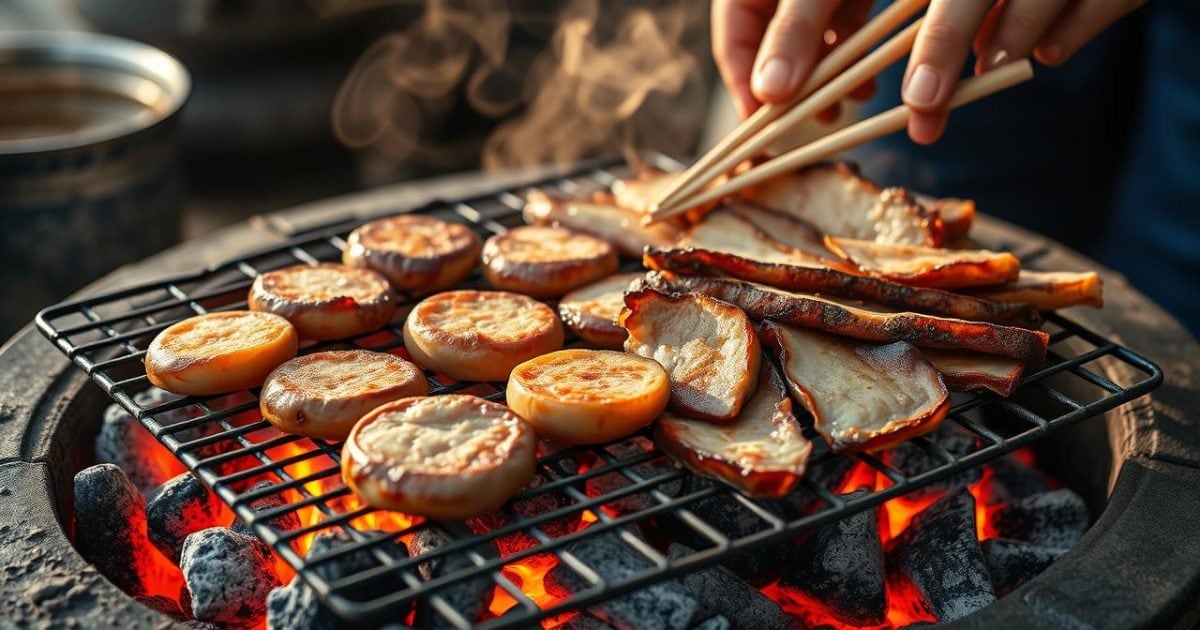 Hình ảnh cận cảnh những miếng chả băm và chả miếng đang được nướng trên bếp than hoa truyền thống, khói thơm nghi ngút, toát lên mùi vị đặc trưng của món bún chả Hà Nội.