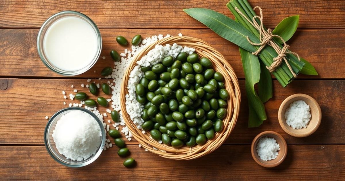 Hình ảnh cận cảnh, từ trên xuống, minh họa các nguyên liệu cần chuẩn bị để nấu món chè đỗ đen ngon chuẩn vị. Bao gồm đỗ đen xanh lòng, đường cát trắng, nước cốt dừa, lá dứa, bột sắn dây và một chút muối, được bày trí trên một chiếc bàn gỗ mộc mạc.
