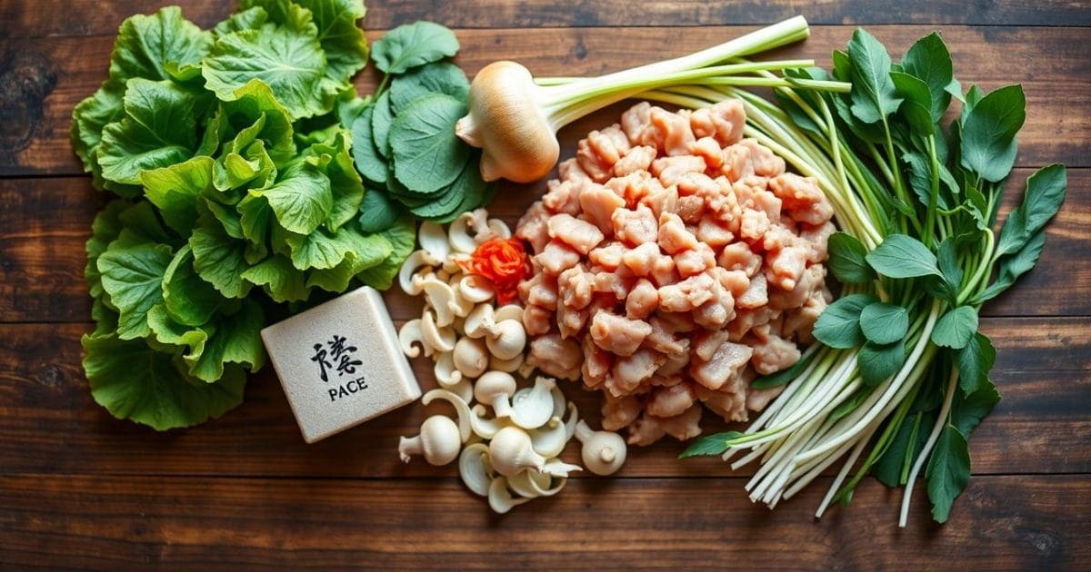 Hình ảnh minh họa các nguyên liệu tươi ngon được sắp xếp tỉ mỉ, sẵn sàng cho quá trình chế biến món bún mọc chuẩn vị Hà Nội, bao gồm thịt xay, giò sống, tôm, nấm hương, hành và các loại rau sống ăn kèm.