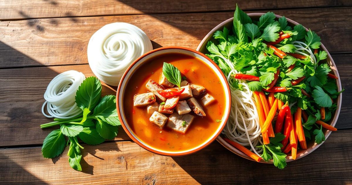 Hình ảnh món bún chả Hà Nội được trình bày đẹp mắt trên bàn gỗ mộc mạc, với tô chả nướng nóng hổi ngập trong nước chấm chua ngọt, bún tươi, và đĩa rau sống xanh mướt, gợi lên hương vị truyền thống hấp dẫn.