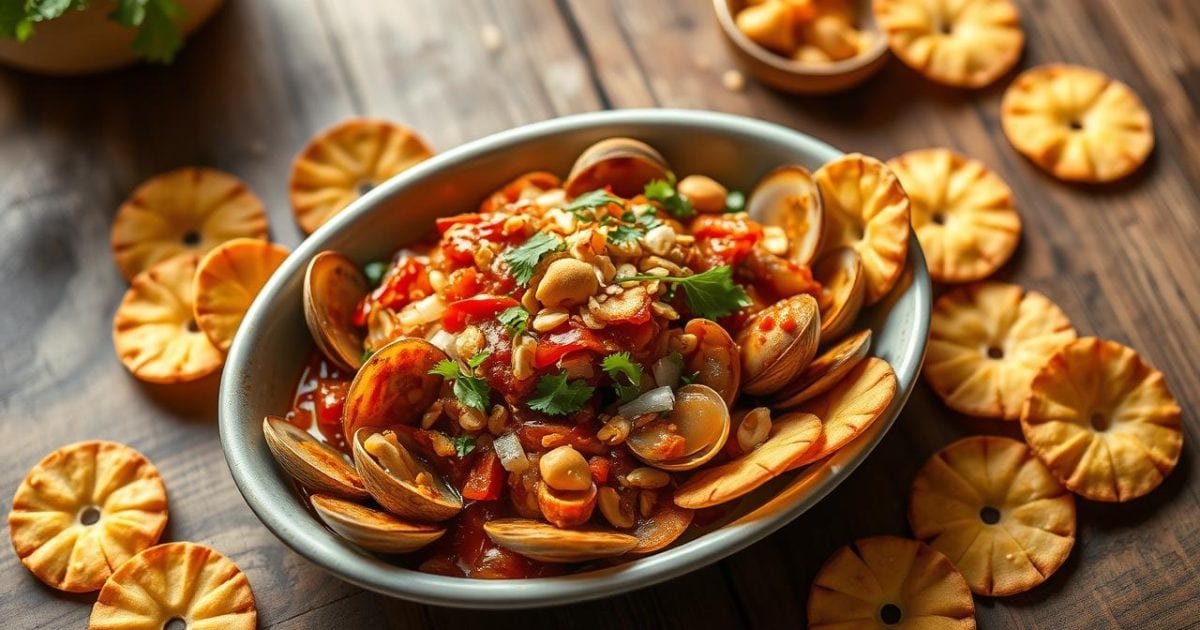 Hình ảnh món hến xúc bánh tráng dân dã, hấp dẫn được bày trí đẹp mắt trên một chiếc bàn gỗ mộc mạc, với phần hến xào đậm đà, thơm lừng hòa quyện rau răm và đậu phộng, ăn kèm những chiếc bánh tráng giòn rụm.