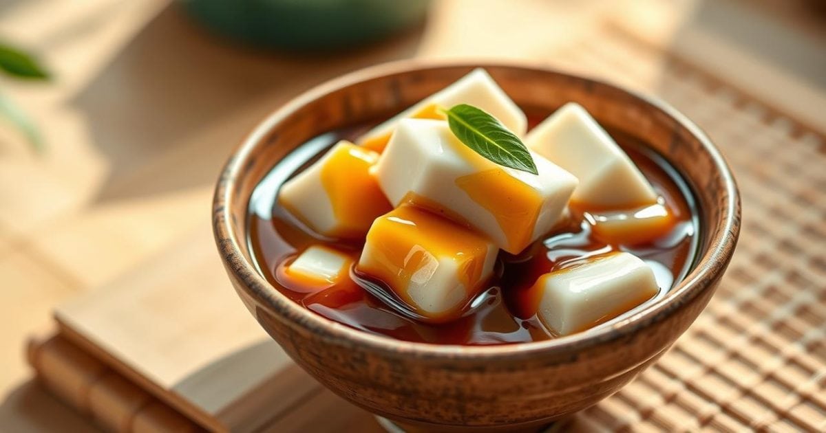 Hình ảnh một bát tàu hũ nước đường mát lạnh với những lớp tàu hũ trắng muốt, mềm mịn, được chan đẫm nước đường gừng thơm lừng và một chút nước cốt dừa béo ngậy. Món ăn được đặt trên bàn gỗ mộc mạc, toát lên vẻ thanh mát và mời gọi.