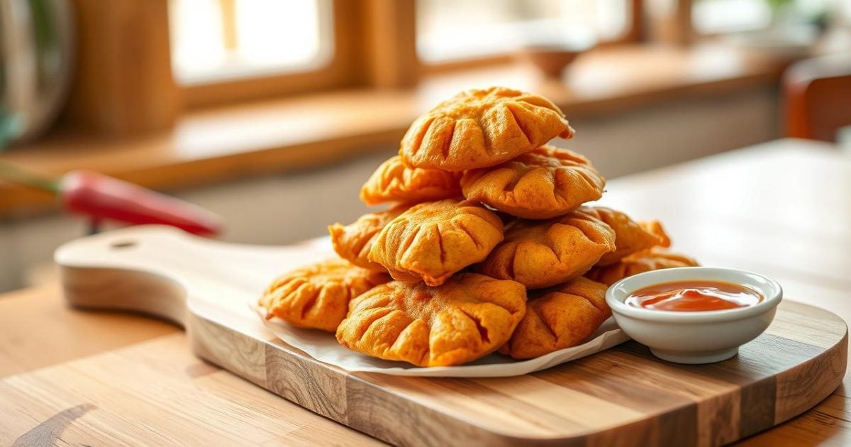 Hình ảnh một đĩa khoai lang kén chiên vàng giòn rụm, xếp gọn gàng trên thớt gỗ mộc mạc, bên cạnh là chén tương ớt đỏ tươi cay nồng, sẵn sàng để thưởng thức.