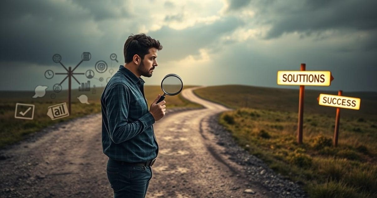 Hình ảnh một người đứng ở ngã ba đường, với nhiều lối đi khác nhau. Một lối đi đầy rẫy những biểu tượng trừu tượng tượng trưng cho sự bối rối và trở ngại, trong khi lối đi còn lại được đánh dấu rõ ràng bằng các biển hiệu sáng rõ chỉ về 'Phân tích', 'Giải pháp' và 'Thành công'. Người này đang cầm một kính lúp và suy tư nhìn về lối đi hỗn độn, với vẻ mặt kiên quyết nhưng điềm tĩnh, gợi lên sự chiêm nghiệm và khởi đầu của sự thấu hiểu.