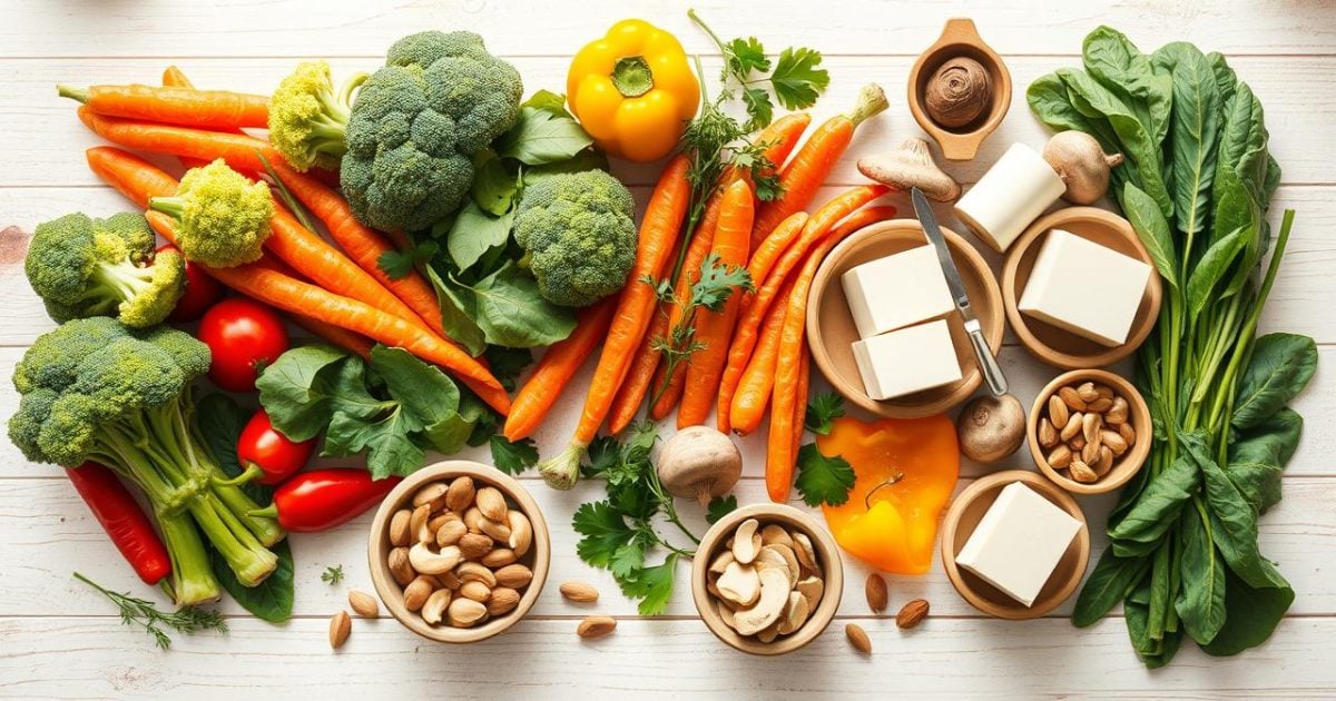 Hình ảnh tổng hợp các loại rau củ quả tươi ngon, đậu hũ, nấm và các loại hạt được bày trí tinh tế trên nền gỗ mộc, dưới ánh sáng tự nhiên, thể hiện sự phong phú và tươi mới của nguyên liệu chay.