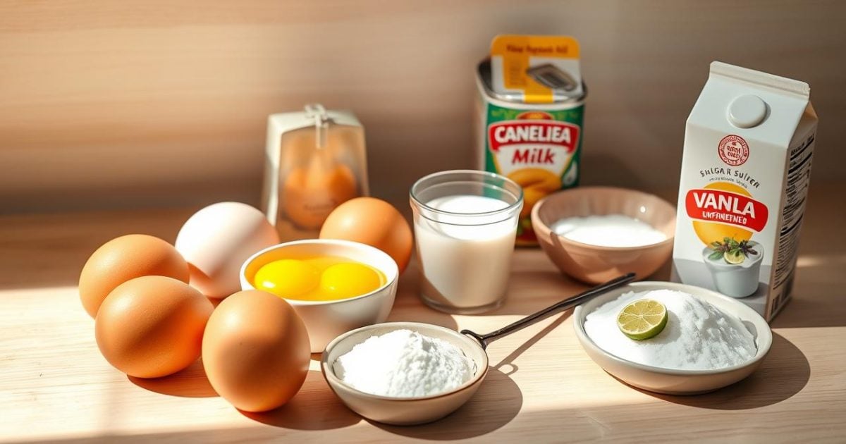 Hình ảnh tổng hợp các nguyên liệu tươi ngon cần thiết để làm bánh flan: những quả trứng gà tươi mới, chai sữa tươi mát lành, sữa đặc có đường, bát đường trắng mịn, và một quả vani thơm lừng, tất cả được sắp xếp gọn gàng trên một bàn bếp gỗ ấm cúng dưới ánh sáng tự nhiên dịu nhẹ.