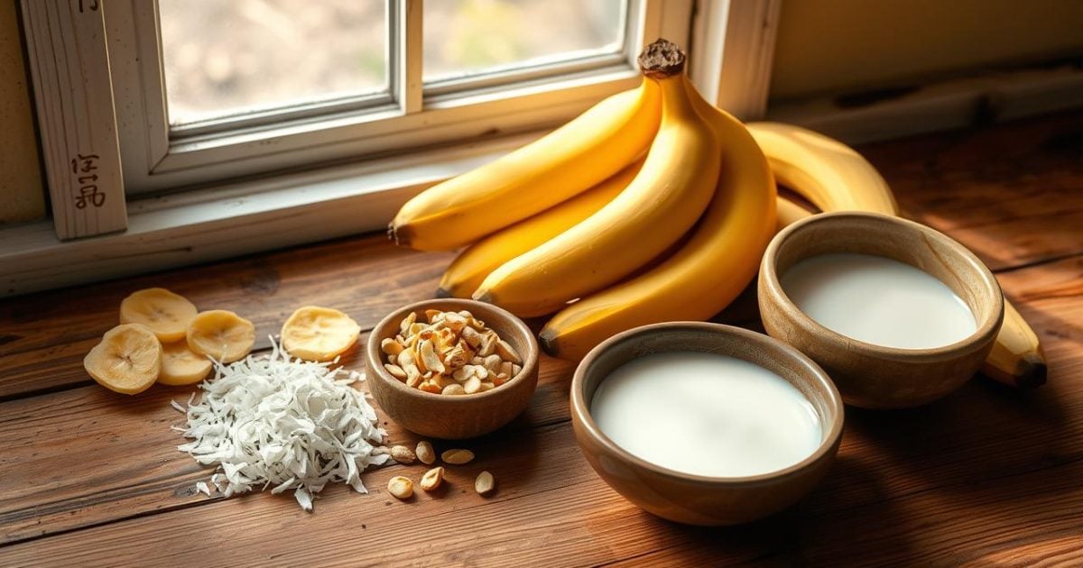 Hình ảnh tổng hợp các nguyên liệu tươi ngon chuẩn bị làm món kem chuối truyền thống Việt Nam, bao gồm chuối chín vàng đã thái lát hoặc ép dẹt, đậu phộng rang giã dập, dừa nạo sợi và nước cốt dừa béo ngậy, tất cả được sắp xếp đẹp mắt trên nền bàn gỗ mộc mạc dưới ánh sáng tự nhiên.