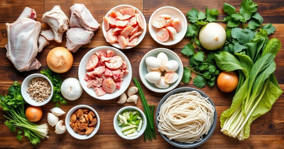 Hình ảnh tổng hợp các nguyên liệu tươi ngon, đầy màu sắc như xương heo, tôm, thịt băm, rau sống và hủ tiếu được sắp xếp tinh tế trên bàn gỗ, sẵn sàng cho việc chuẩn bị món hủ tiếu Nam Vang đậm đà hương vị.