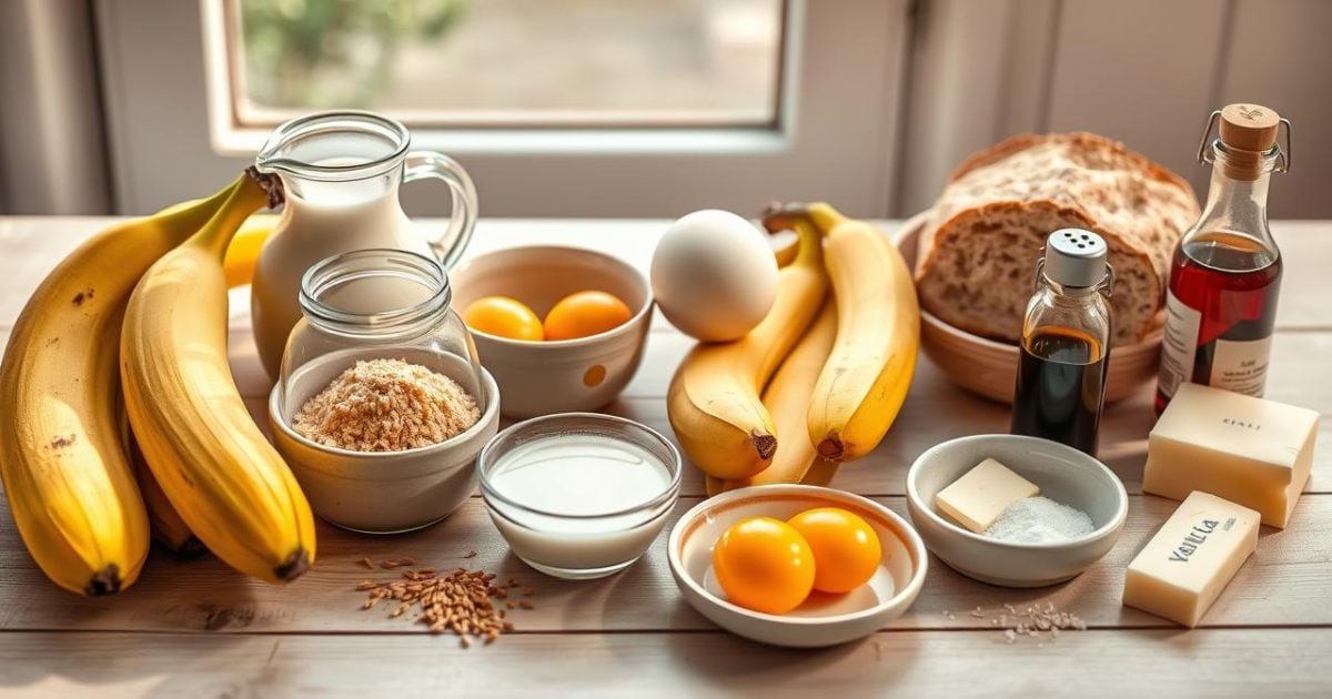 Hình ảnh tổng hợp các nguyên liệu tươi ngon để làm món bánh chuối nướng, được sắp xếp tinh tế trên một chiếc bàn gỗ mộc mạc dưới ánh sáng tự nhiên ấm áp, gợi cảm hứng cho việc làm bánh tại nhà.
