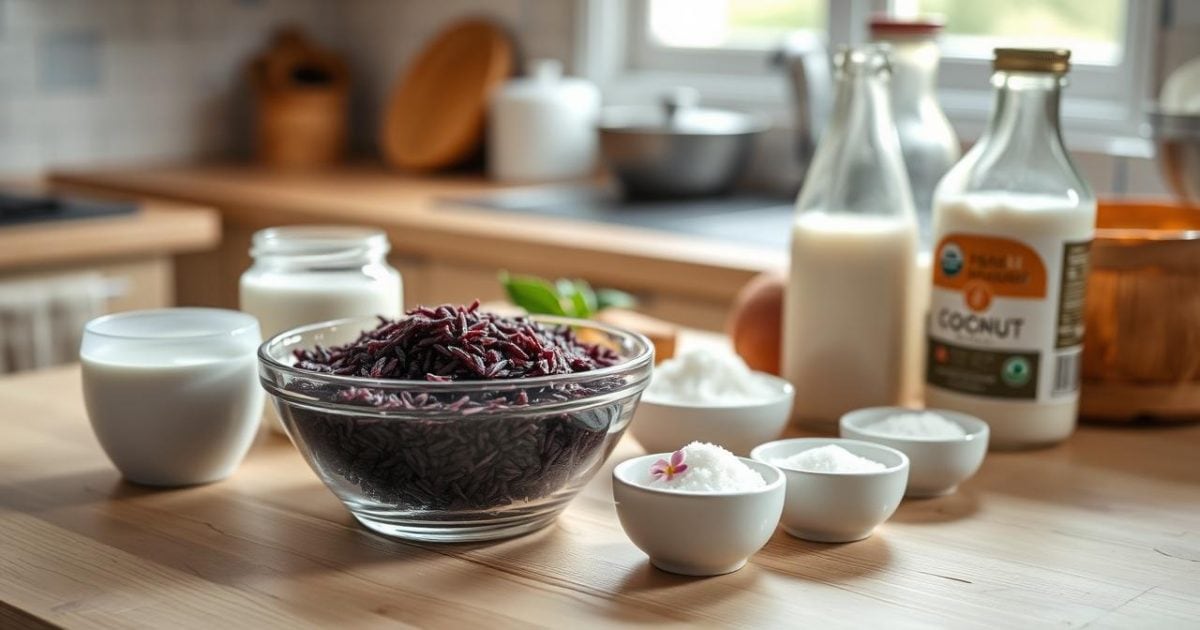 Hình ảnh tổng hợp các nguyên liệu tươi ngon để làm món sữa chua nếp cẩm, được sắp xếp gọn gàng trên một chiếc bàn gỗ mộc mạc dưới ánh sáng tự nhiên dịu nhẹ, tạo cảm giác ấm cúng và sẵn sàng cho việc bếp núc.