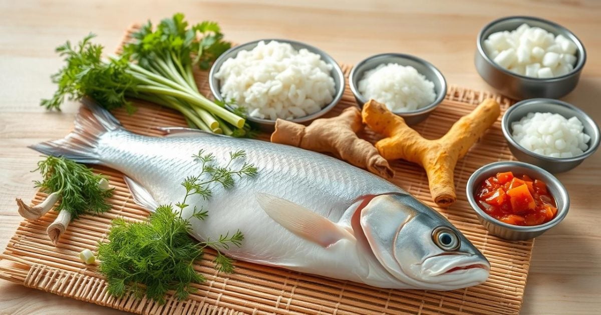 Hình ảnh tổng hợp các nguyên liệu tươi ngon được sắp xếp đẹp mắt trên một bàn gỗ sáng, bao gồm miếng cá lăng tươi, củ riềng, nghệ vàng, mắm tôm đậm đà và các loại rau thơm như thì là, hành lá, sẵn sàng cho món Chả cá Lã Vọng trứ danh.