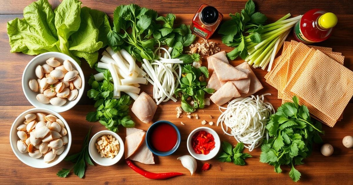 Hình ảnh tổng quan các nguyên liệu tươi ngon như don tươi, thịt ba chỉ, rau sống xanh mướt và bánh tráng, được sắp xếp gọn gàng trên bàn bếp gỗ, sẵn sàng cho quá trình chế biến món don Quảng Ngãi chuẩn vị.
