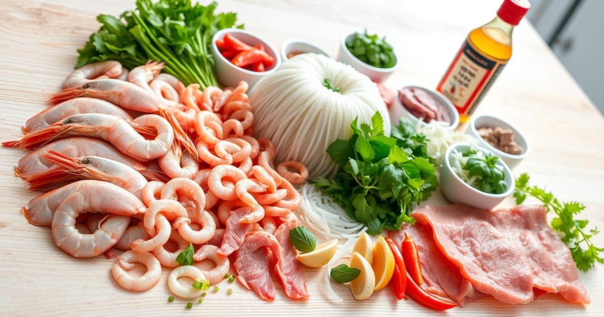 Hình ảnh tổng quan các nguyên liệu tươi sống được chuẩn bị kỹ lưỡng để làm món bún quậy Phú Quốc, bao gồm tôm, mực, thịt, bún tươi, cùng các loại rau thơm và gia vị đặc trưng.