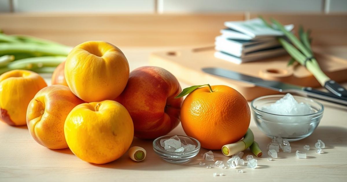 Hình ảnh tươi sáng về các nguyên liệu chính để pha trà đào cam sả, bao gồm đào, cam, sả tươi, đường và đá, được sắp xếp gọn gàng trên bàn bếp gỗ, sẵn sàng cho món đồ uống giải nhiệt hấp dẫn.