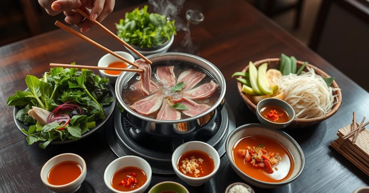 Khung cảnh ấm cúng của nồi bò nhúng dấm đang sôi lăn tăn trên bàn ăn, với những lát thịt bò tươi ngon được nhúng tái trong nước dùng chua thanh, đi kèm đĩa rau sống xanh mướt, bún tươi và chén nước chấm chua ngọt hấp dẫn, tạo nên bữa ăn gia đình đầy mời gọi.