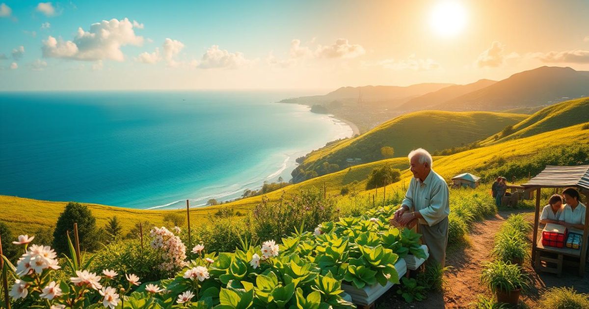 Khung cảnh tuyệt đẹp của vùng đất Okinawa, Nhật Bản, nơi sự hài hòa của thiên nhiên và con người thể hiện triết lý Ikigai sâu sắc.