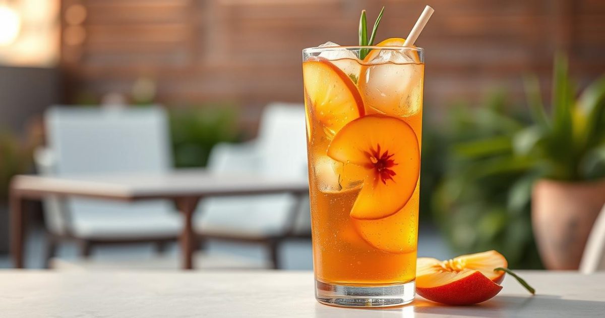 Cách làm trà đào cam sả thơm ngon giải nhiệt tại nhà Ly trà đào cam sả mát lạnh với sắc màu vàng hổ phách, điểm xuyết lát đào, cam và sả tươi, trên nền không gian xanh mát ngoài trời, gợi cảm giác sảng khoái và giải nhiệt tức thì trong ngày hè nóng bức.
