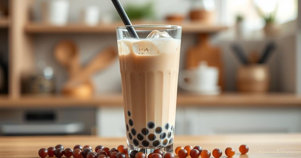 Cách nấu trà sữa trân châu chuẩn vị tại nhà Ly trà sữa trân châu với đá viên mát lạnh, những viên trân châu dai ngon nằm xen kẽ với lớp sữa trà béo ngậy, mang đến cảm giác sảng khoái và hấp dẫn.
