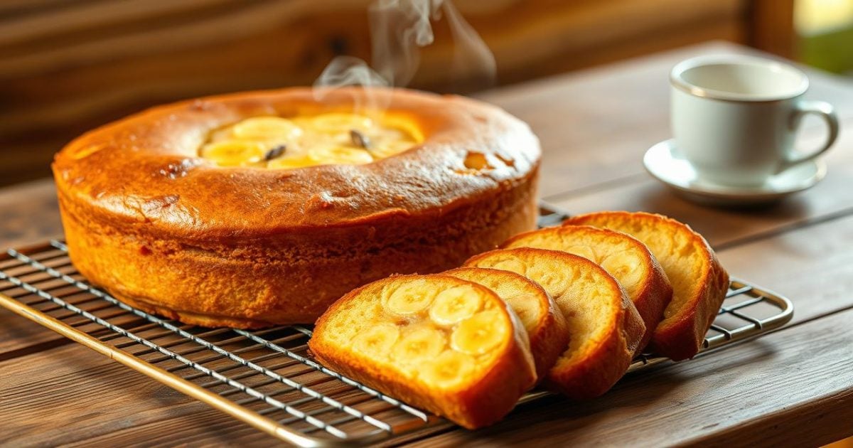 Món bánh chuối nướng thơm ngon, vàng óng với lớp vỏ caramel hấp dẫn đang được đặt trên giá làm nguội, bên cạnh là những miếng bánh đã được cắt sẵn, để lộ phần ruột mềm ẩm với những lát chuối hòa quyện, sẵn sàng để thưởng thức.
