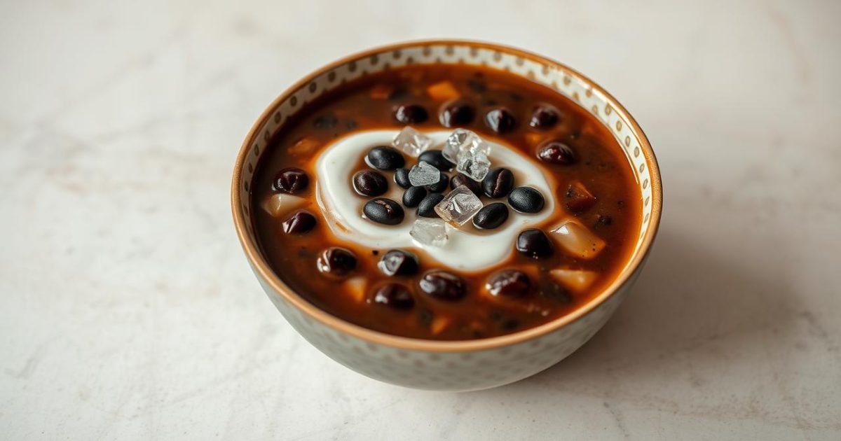 Món chè đỗ đen đã hoàn thành được múc ra một chiếc bát đẹp mắt, với lớp nước cốt dừa béo ngậy rưới đều lên trên. Hạt đỗ đen chín mềm, quyện cùng vị ngọt dịu, thanh mát, là món tráng miệng lý tưởng.